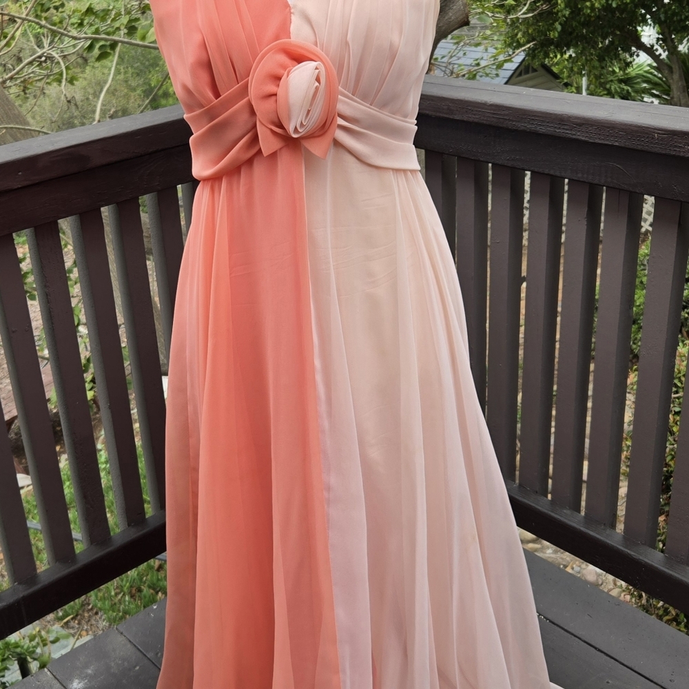 Jack Byan Vintage Seventies Coral Maxi Two-Tone Dress with Scarf Detail - Picture 4 of 10